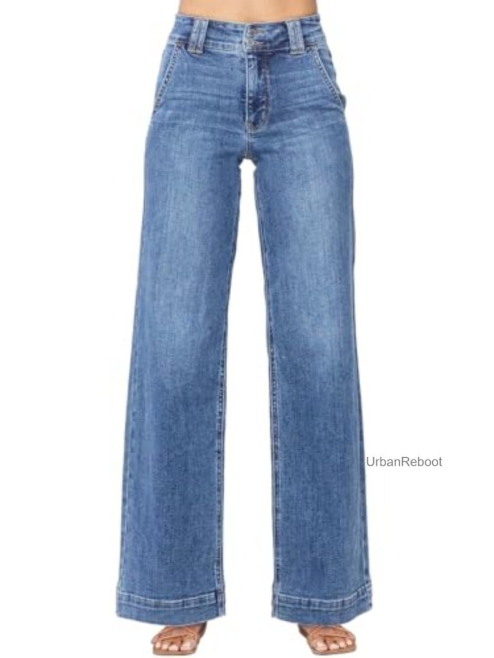 High Waisted Wide Leg Baggy Jeans, Stretchy Denim Pants with Pockets